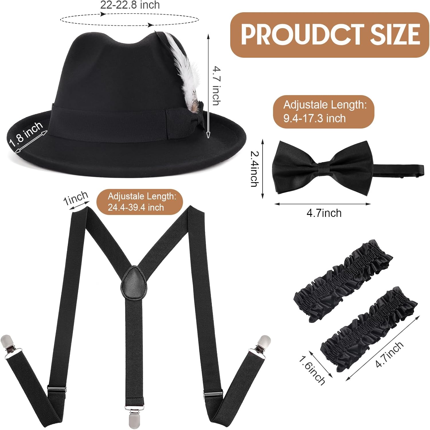 Ultrafun 1920s Mens Costume Retro Gatsby Gangster Accessories Set Fedora Hat Suspender Roaring 20s Costumes - Image 3