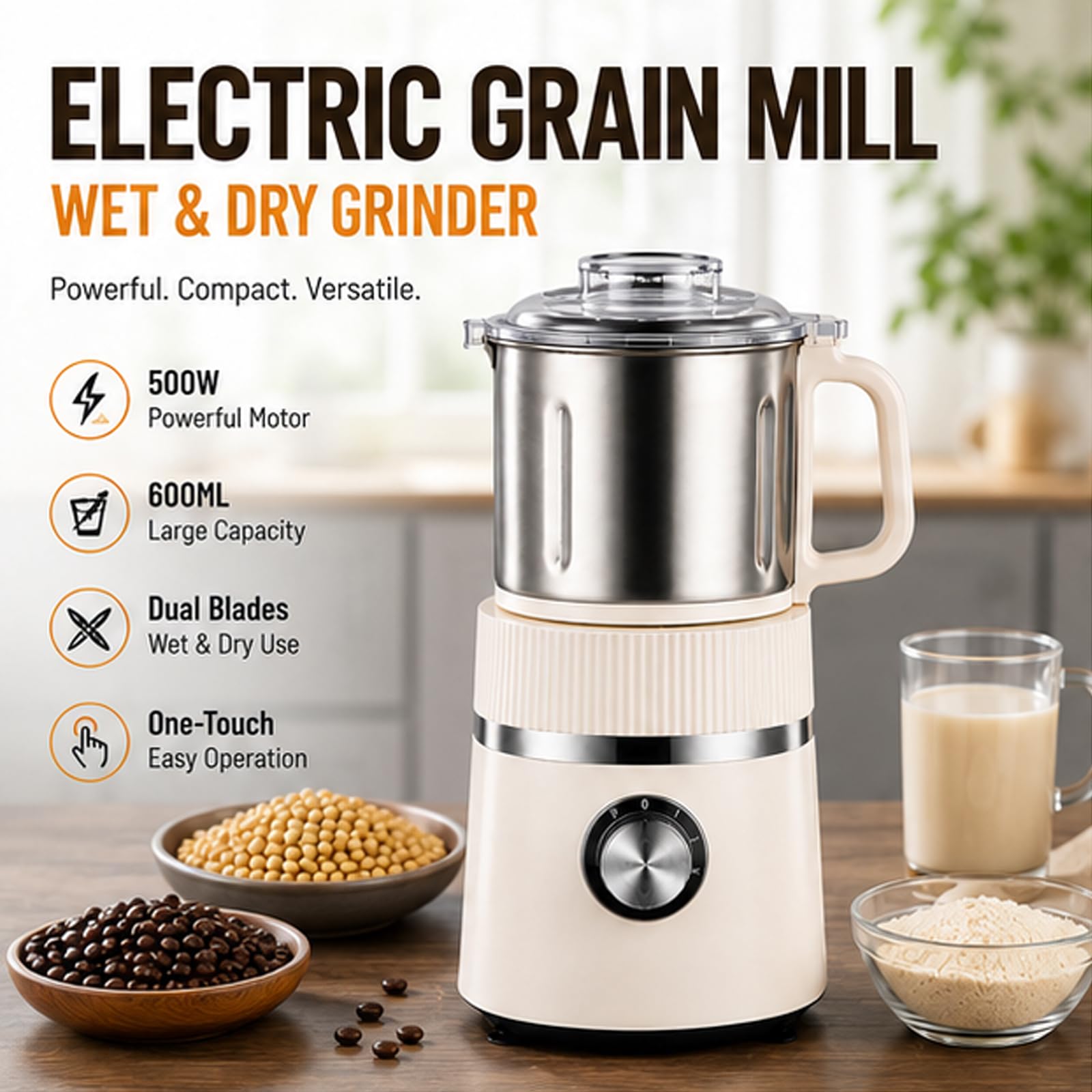 Fabricante eléctrico de leche de soja, molino de granos de 600ML, molinillo húmedo y seco con cuchillas dobles, acero inoxidable para café, especias, nueces crudas green