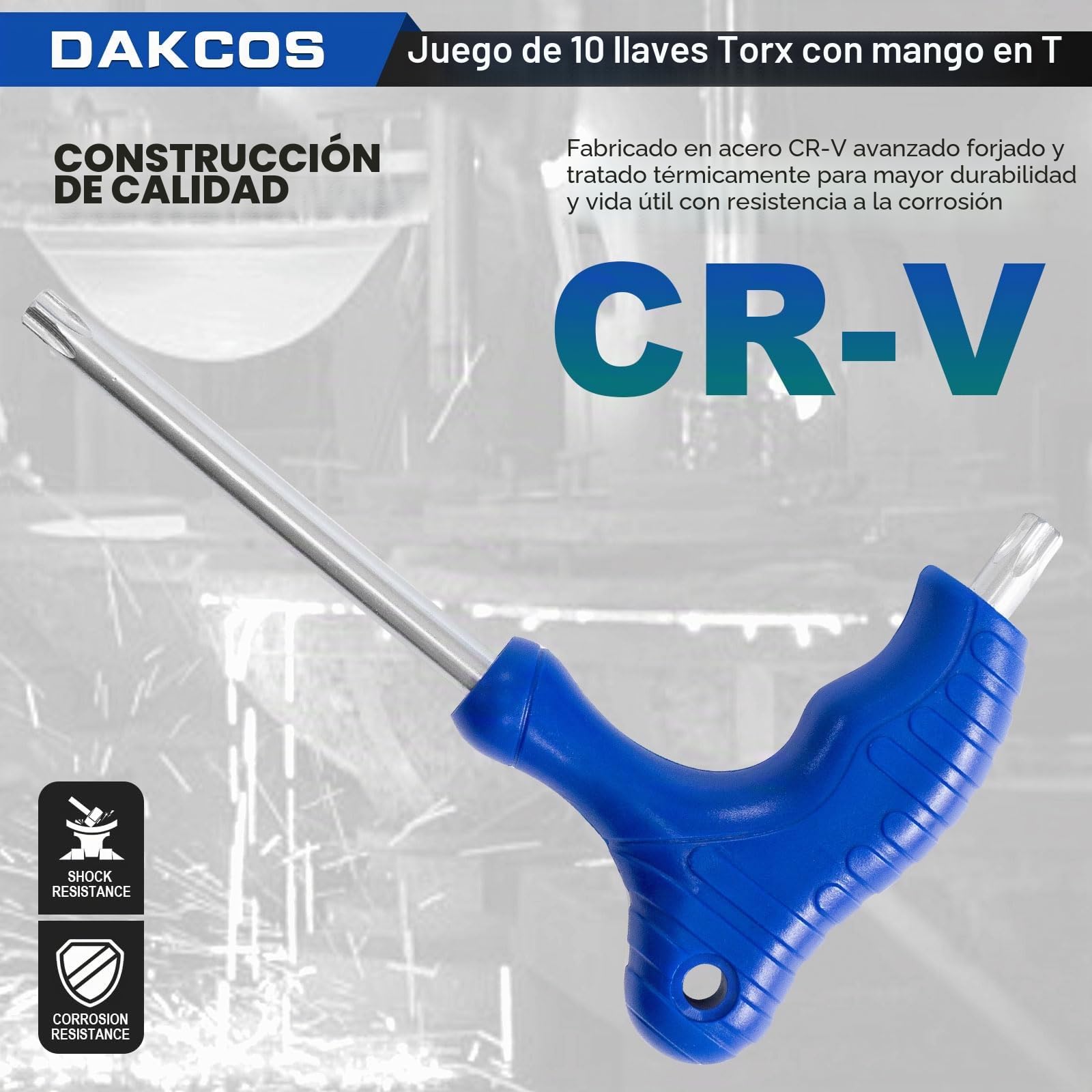 DAKCOS Juego de 10 llaves Torx con mango en T, llave de estrella T9-T50 con estante de almacenamiento, Cr-V