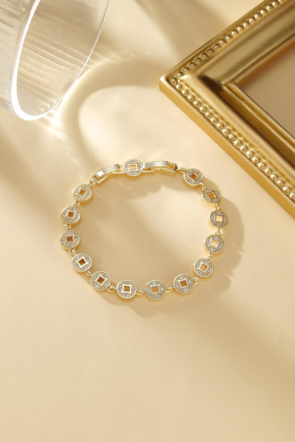 Gold Plated Geometric Openwork Bracelet for Women, Dainty Square Cut-Out Link Chain with Cubic Zirconia for Everyday Elegance - Image 5