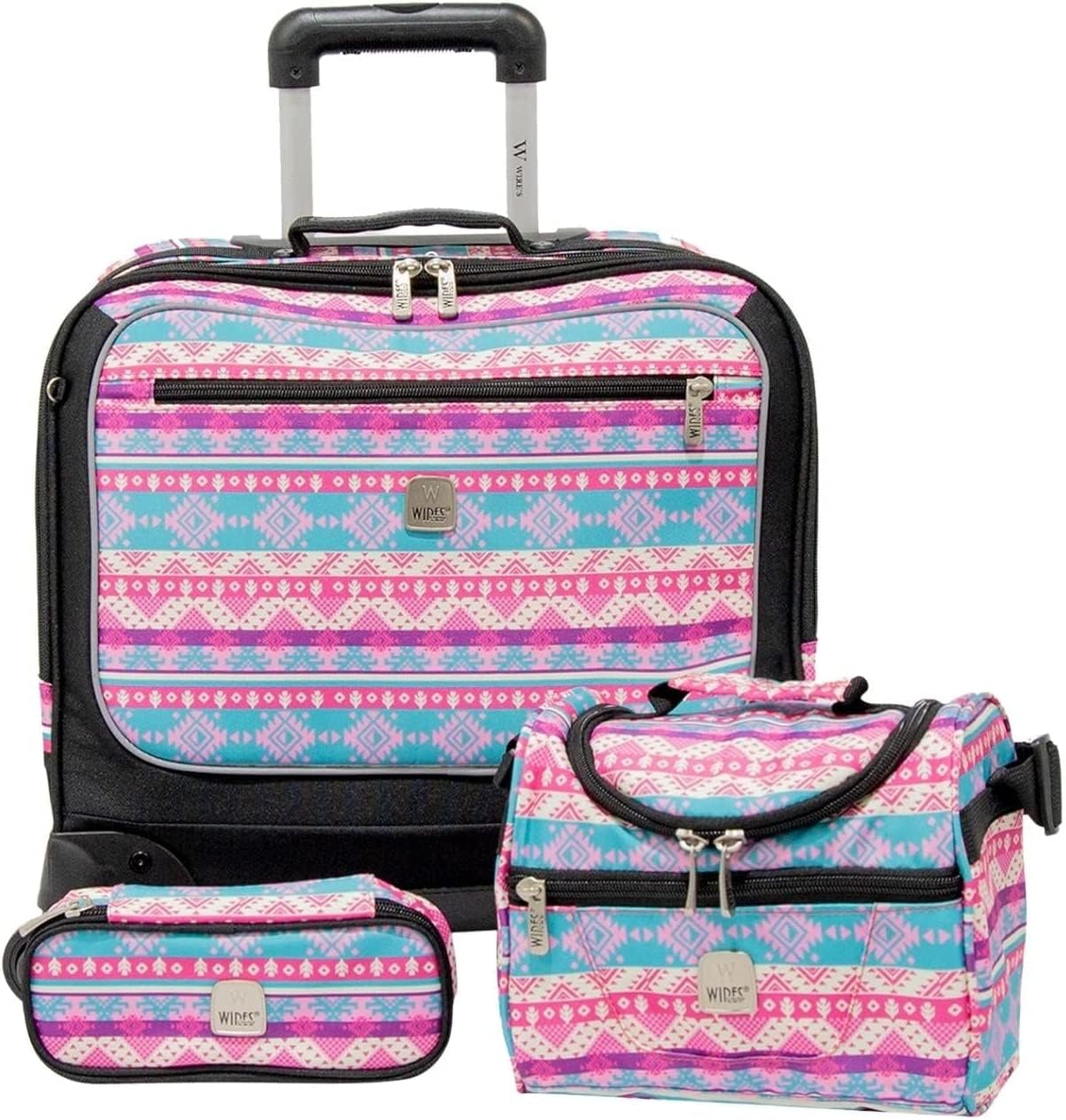 WIRES School Bag 3-Piece Set All-in-One 4 Wheels Rolling Backpack with Pencil Case, Lunch Bag, and Trolley, Water Resistant Wheeled bag for School, College, Office-Unisex (W24179-Col5-Aztec pink)