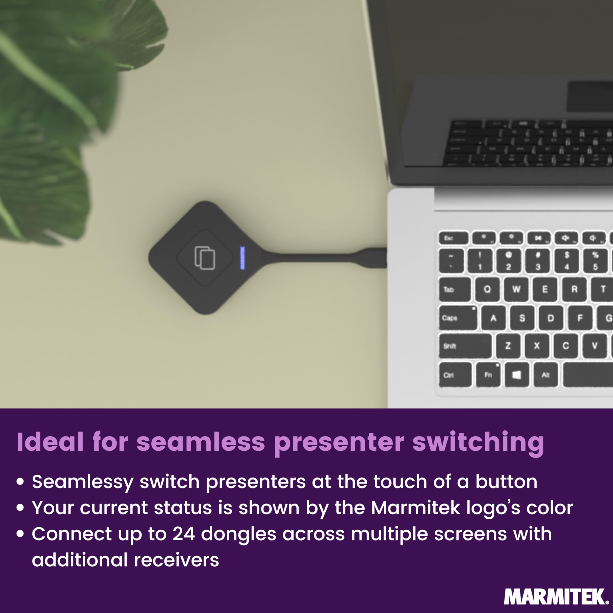 Sistema di presentazione HDMI 4K wireless Marmitek Stream 4K Pro KIT 1TX/1RX - Senza software né Wi-Fi - Dongle USB-C & ricevitore, split screen, touchback, PoE - Doppia HDMI - BYOD mirroring