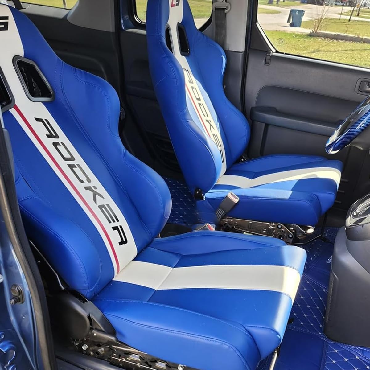 Universal Pairs of Racing Seat with Dual Sliders, PU Leather Reclinable Bucket Seat, Blue+White Stripe LOGO-Flat Style