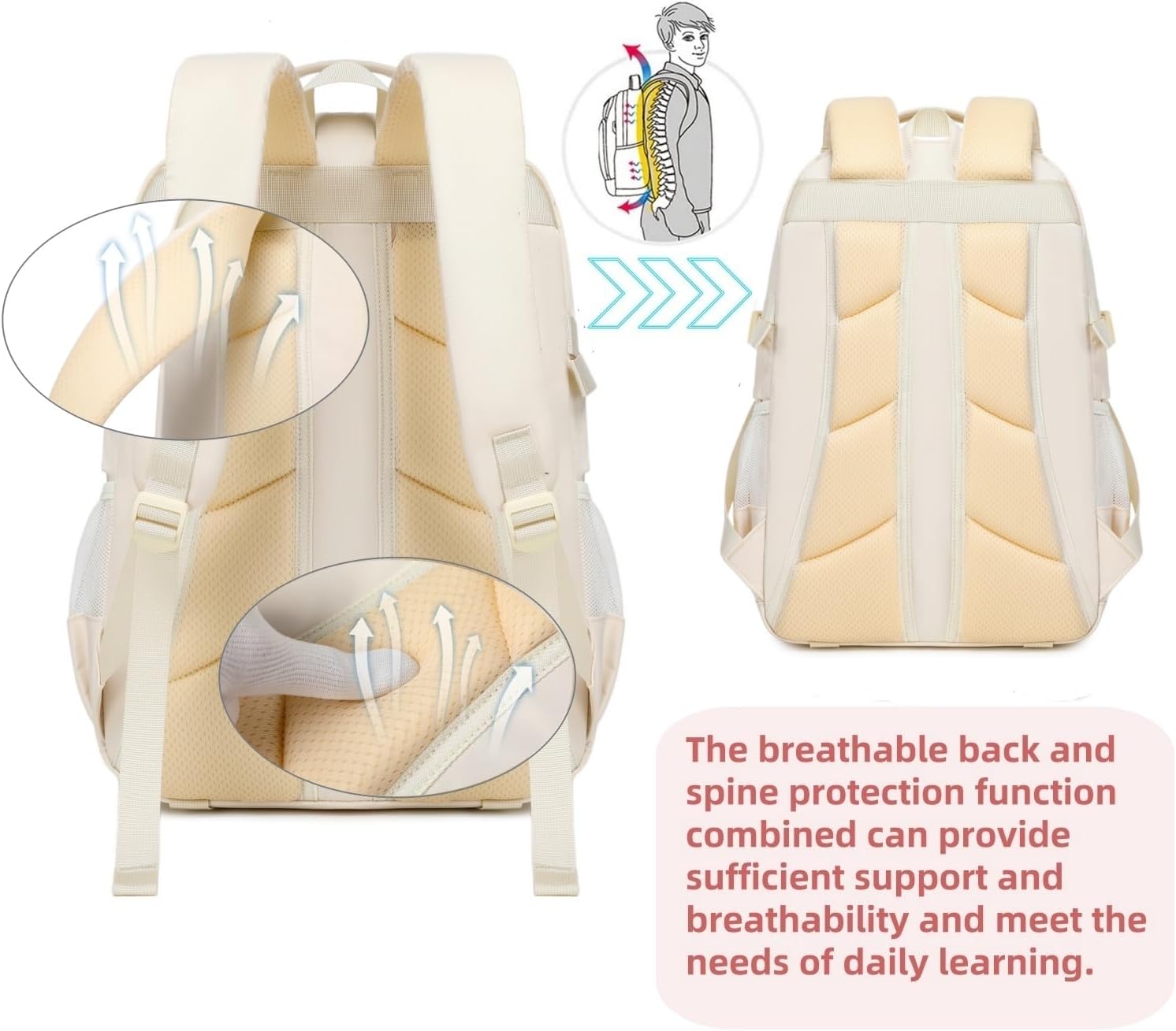 Laptop Backpack For Teen Boys Girls Durable Bookbag Middle High School Bag Women Men Waterproof Travel Daypack (4Beige)