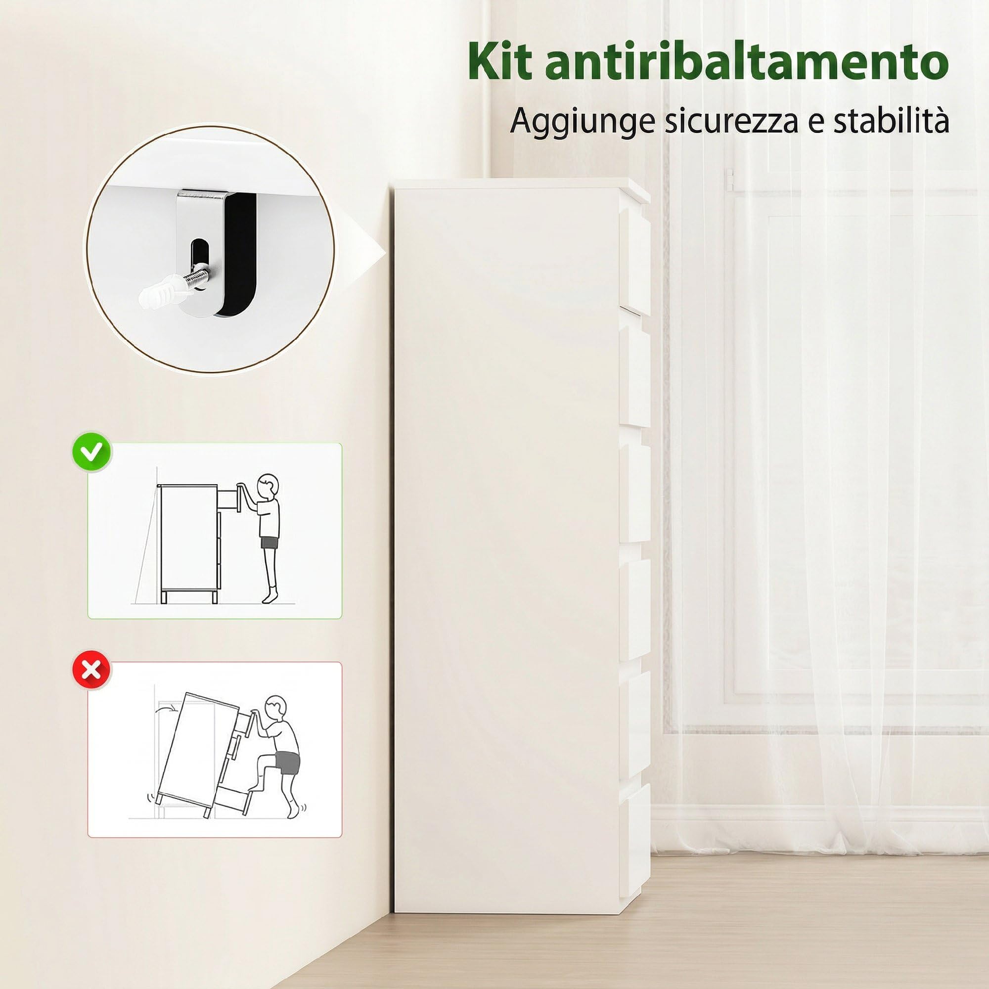 HOMCOM Cassettiera Camera da Letto Slim Alta con 6 Cassetti, Comò Camera da Letto Senza Maniglie, Cassettiera Salvaspazio per Soggiorno Corridoio Ingresso, 40x35x109 cm, Bianco Lucido
