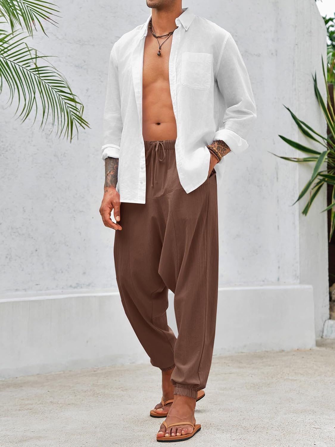 PASLTER Mens Harem Pants Baggy Casual Cotton Linen Boho Yoga Drop Crotch Hippie Trousers - Image 4