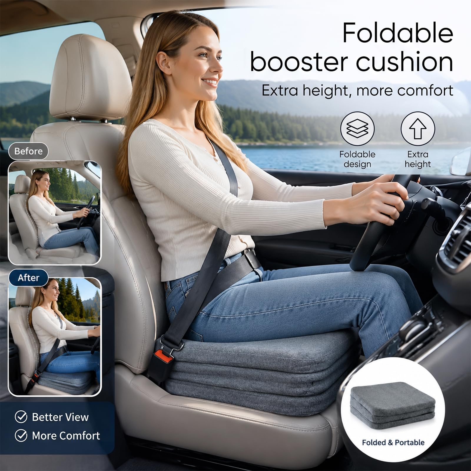 LOMUG Asiento elevador de coche para adultos, 3 alturas ajustables en altura, asiento para pequeños conductores, asiento ergonómico con cojín cómodo, respaldo y funda antideslizante