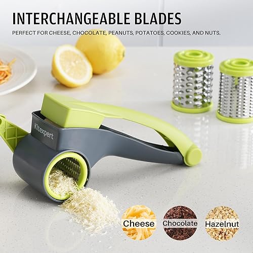 Miniatura 2 de Rallador de queso con asa, rallador de queso parmesano de cocina con 2 tambores de acero inoxidable, ralladores de queso rotativos de mano para