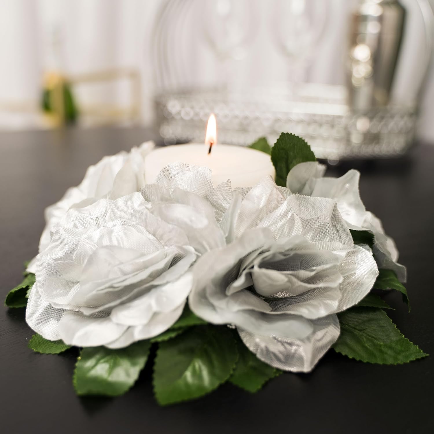 Simply Elegant 9 inch Flower Candle Ring Roses Floral Arrangement Artificial Flowers Wedding Party Centerpieces Bouquets Supplies - 12 Count - 2 ¾" Diameter Opening - (Silver)