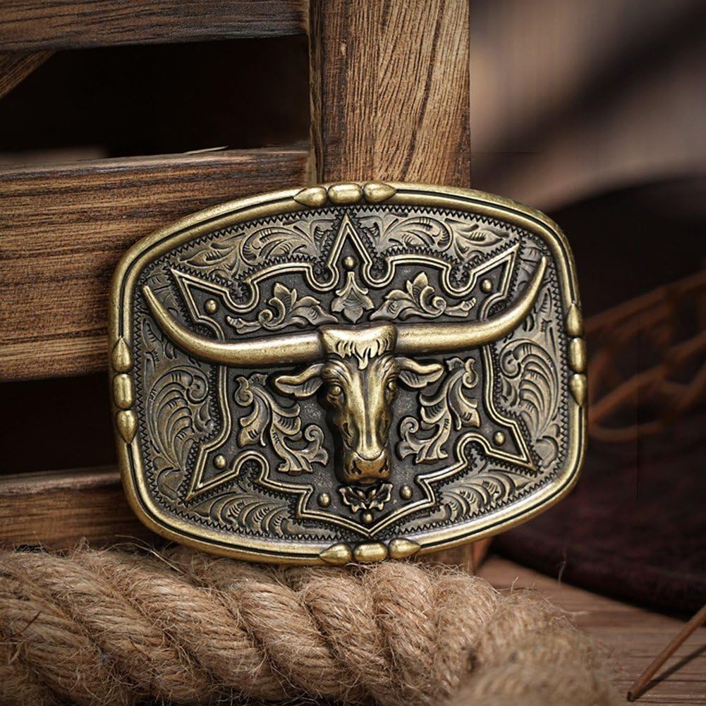 2 Fibbie Per Cintura Stile Cowboy RechicGu – Turchese E Oro, Incisione Floreale, Con Testa Di Toro, Vintage, Per Uomo E Donna - 2