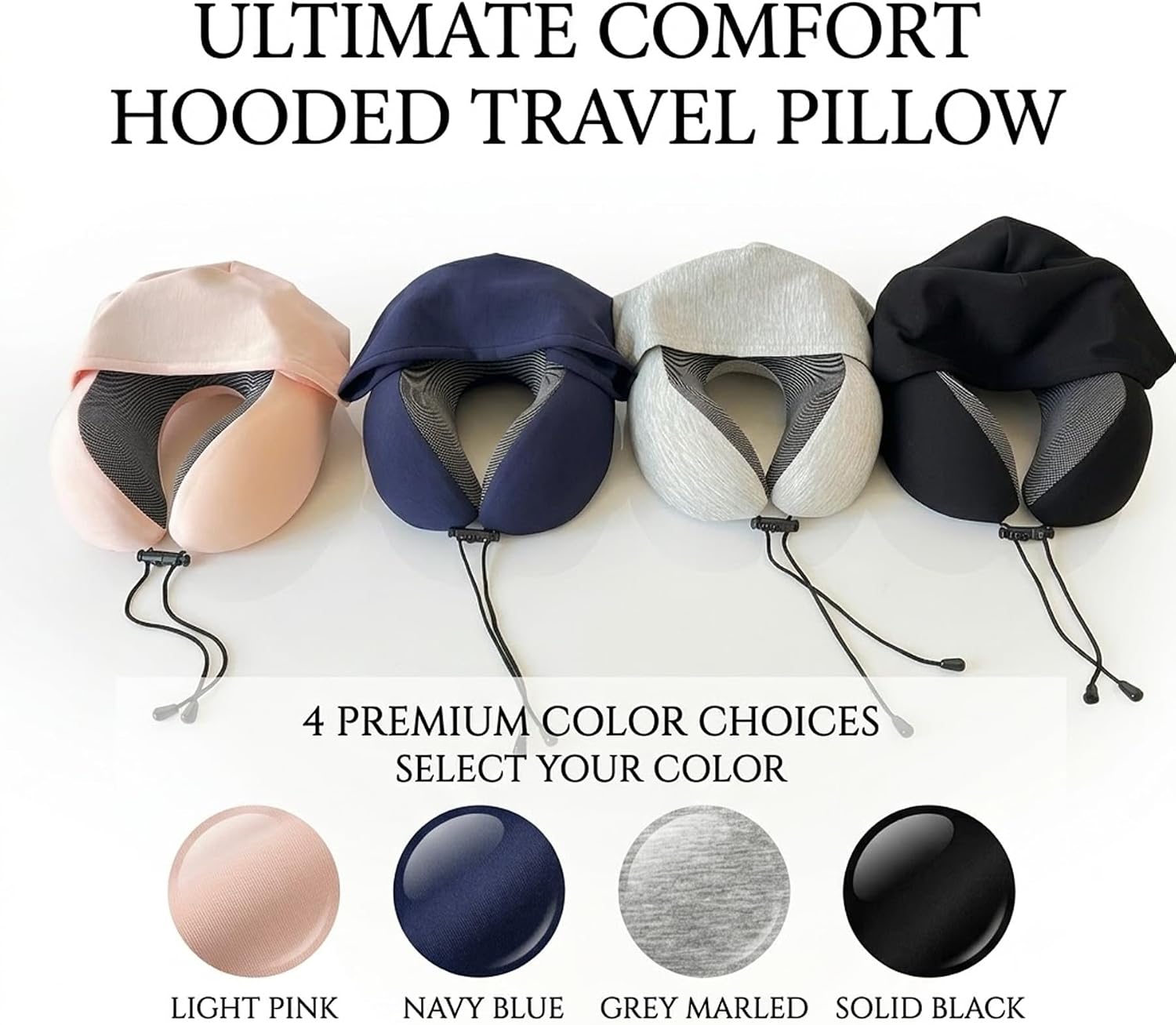 Hooded Travel Pillow,Memory Foam Neck Support Pillow with Skin-Friendly Cooling Cover and EVA Storage Case, Airplane Pillow Head Support for Office Plane Travel Car Sleeping (Black)