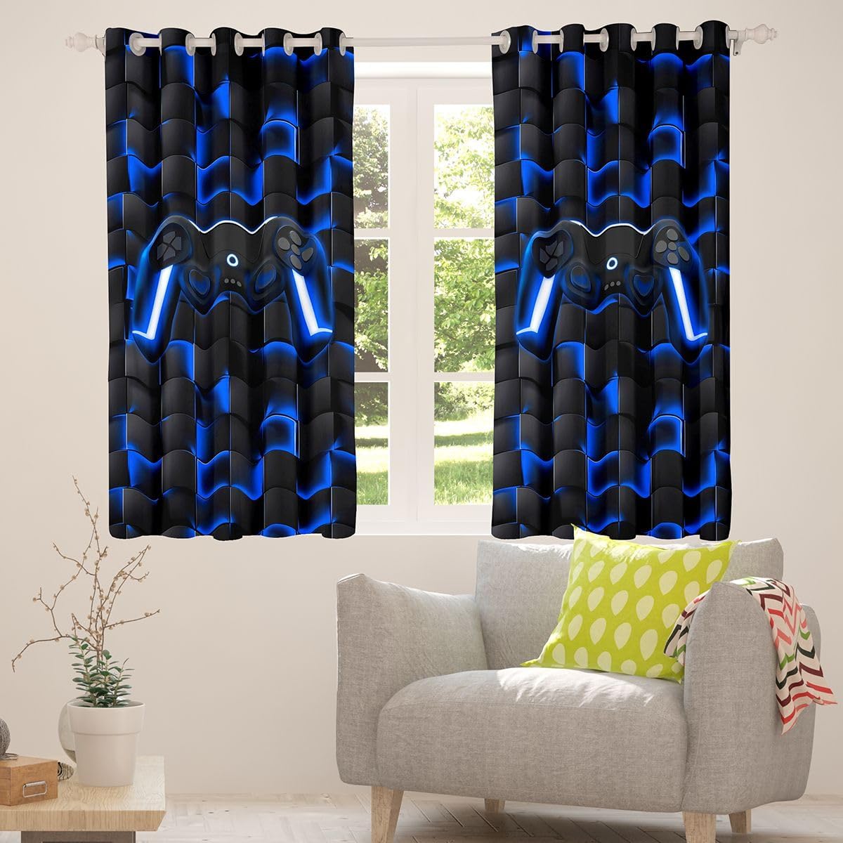 Erosebridal Gamer Curtains for Boys Room,Black Blue Gaming Kids Blackout Curtains,Neon Video Game Console 50% Darkening Drapes,Cool Checkered Gamepad Grommets Window Treatment 2 Panels 42" Wx63 L