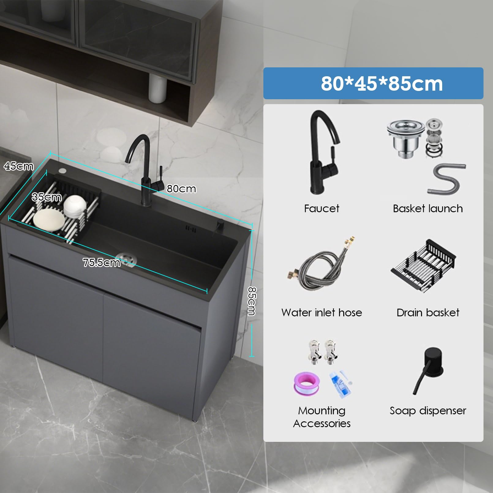 Fregadero de Acero Inoxidable 80 cm Independiente con Mueble Inferior | Grifo de Dos Mandos para Agua Fría/Caliente | Estante | Interior/Exterior | Comercial & Doméstico | Cocina/Baño