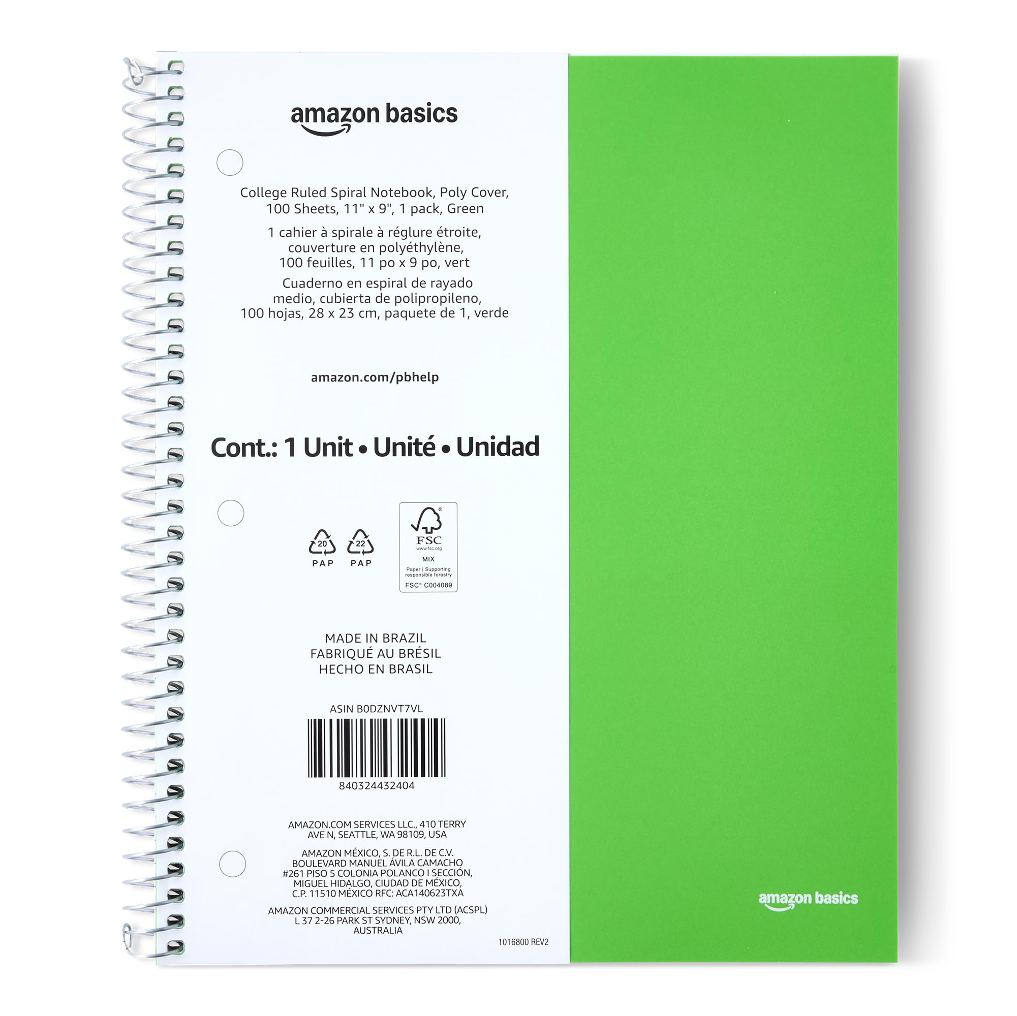 Amazon Basics College-Ruled Spiral Notebook, Poly Cover, For Work and School, 100 Sheets, 9" x 11", Green, 1-Pack