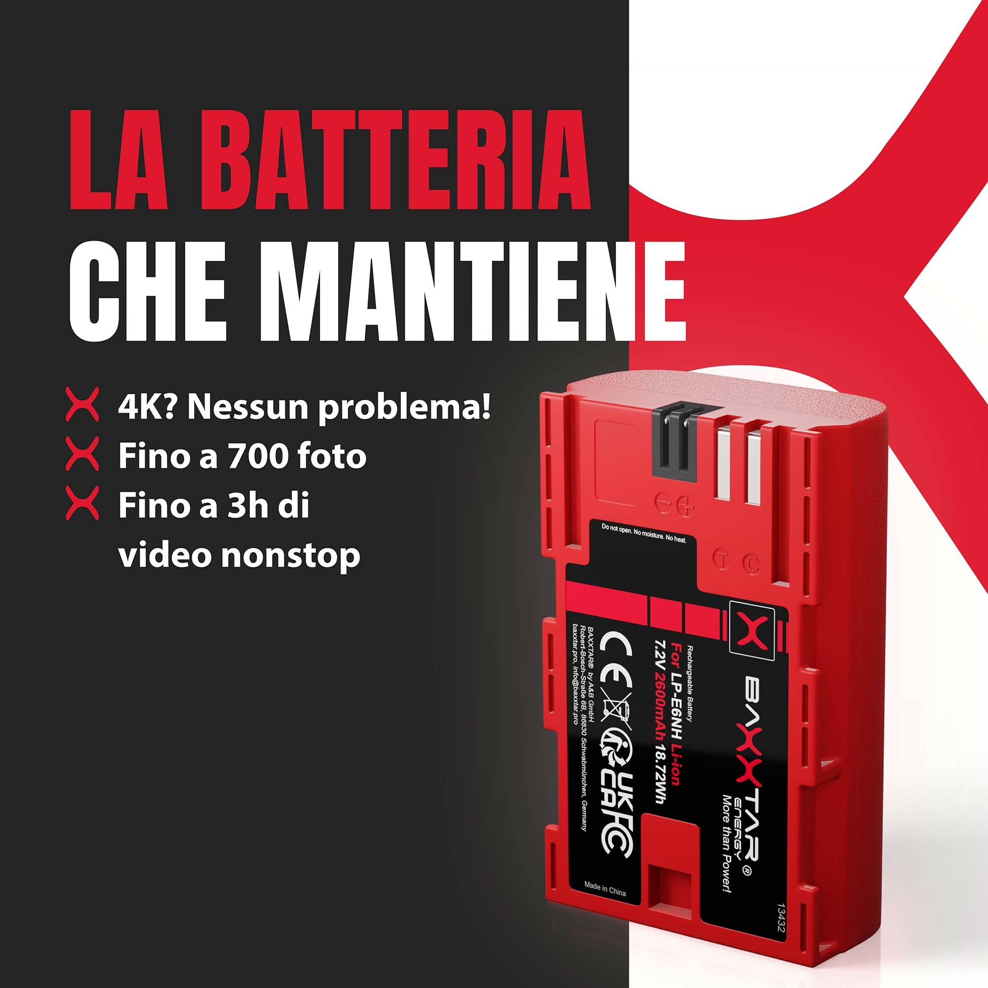 Baxxtar Pro LP-E6NH Batteria 2600mAh con chip informativo – Ricambio per Canon LP-E6NH LP-E6N LP-E6 – per EOS R5 R6 R6 II R7, 5D Mark II III IV, 5DS, 6D, 7D, 60D 70D 80D 90D, XC10 XC15 – riserva pro