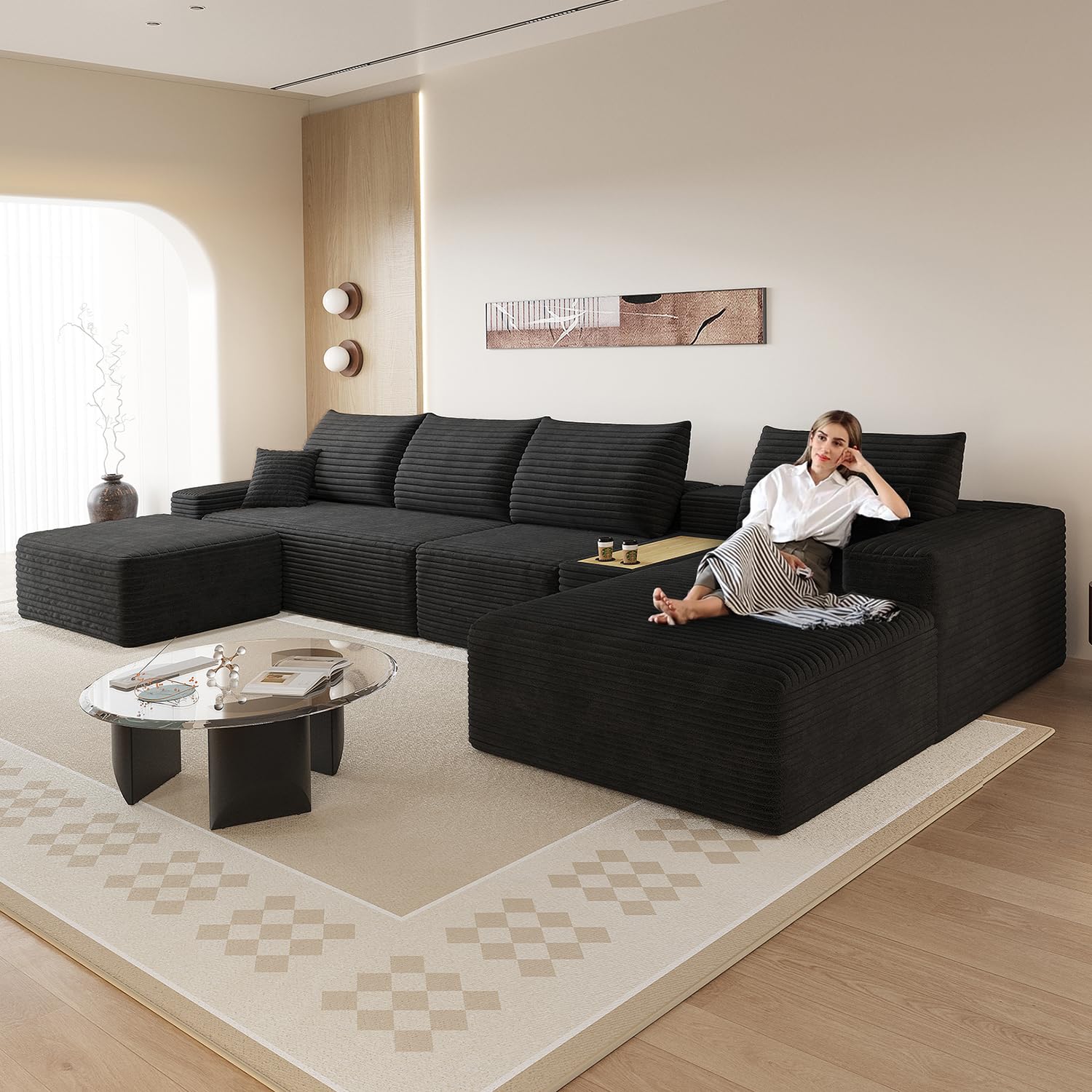 ‌151.5" Modern Cloud Boneless Corduroy Sectional Couch with U-Shape Chaise Ottoman and Side Table No Assembly Required Deep Seat Upholstered Modular