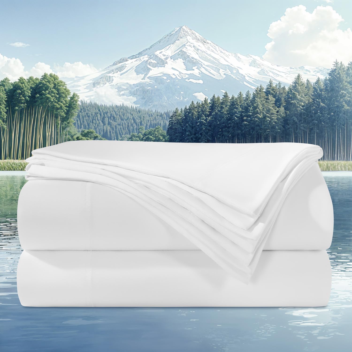 100% Viscose Derived from Bamboo_Sheets Queen Size 4pcs, Cooling & Breathable Bed Sheets for Hot Sleepers, Hotel Luxury Silky Bedding Sheets, 16" Deep Pocket(White)