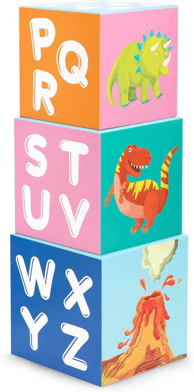 boppi Baby Stacking Blocks Dinosaur Toys with Letters and Numbers, Montessori Cubes for Toddlers, Preschool Learning Toys