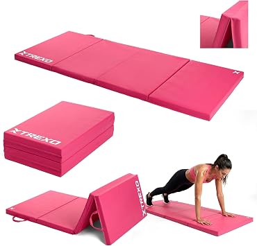 TREXO TREXO Foldable Gymnastics Mat 195 x 80 x 5 cm 4-Panels – Portable Exercise Mat with Handle, EPE Foam & PU Leather Coating – Pink