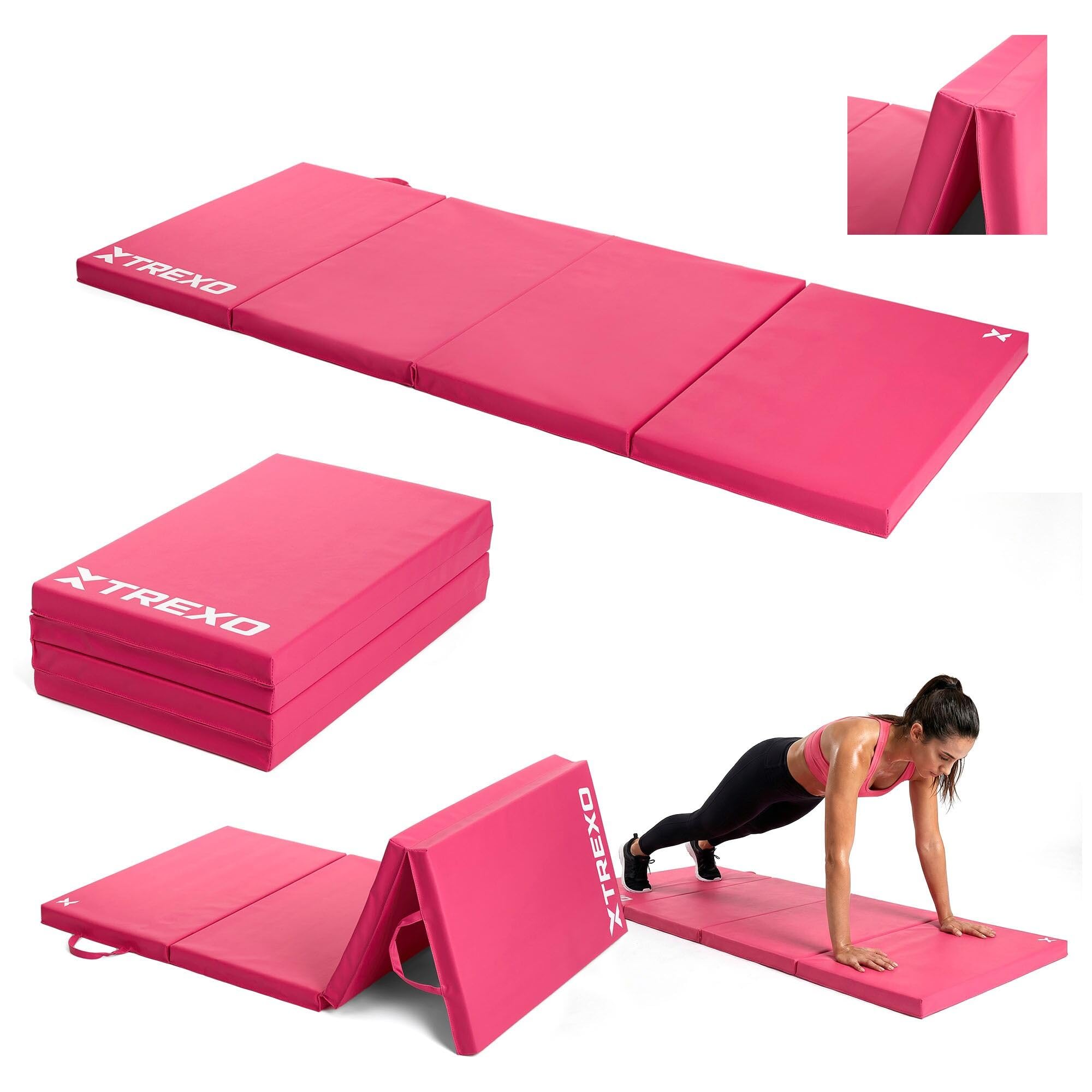 TREXO – Tapis de Gymnastique Pliable 195 x 80 x 5 cm 4-Panneaux – Tapis d’Entraînement Portable avec Poignée, Mousse EPE & Revêtement Similicuir – Rose