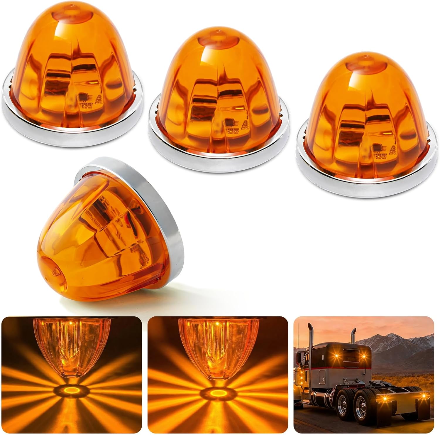 4PCS Watermelon Lights, Amber Strobe & Constant Multi-Function LED Side Marker, Turn Signal, Tail & Roof Lights with Stainless Steel Bezel for Freightliner, Kenworth, Peterbilt Semi Trucks & Trailers