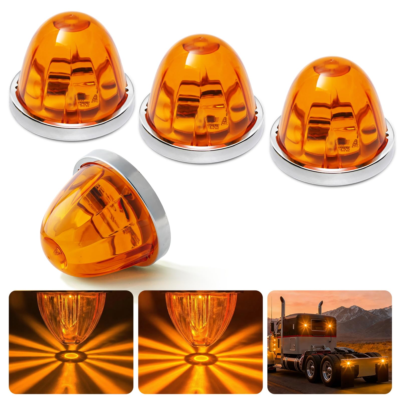 4PCS Watermelon Lights, Amber Strobe &amp; Constant Multi-Function LED Side Marker, Turn Signal, Tail &amp; Roof Lights with Stainless Steel Bezel for Freightliner, Kenworth, Peterbilt Semi Trucks &amp; Trailers