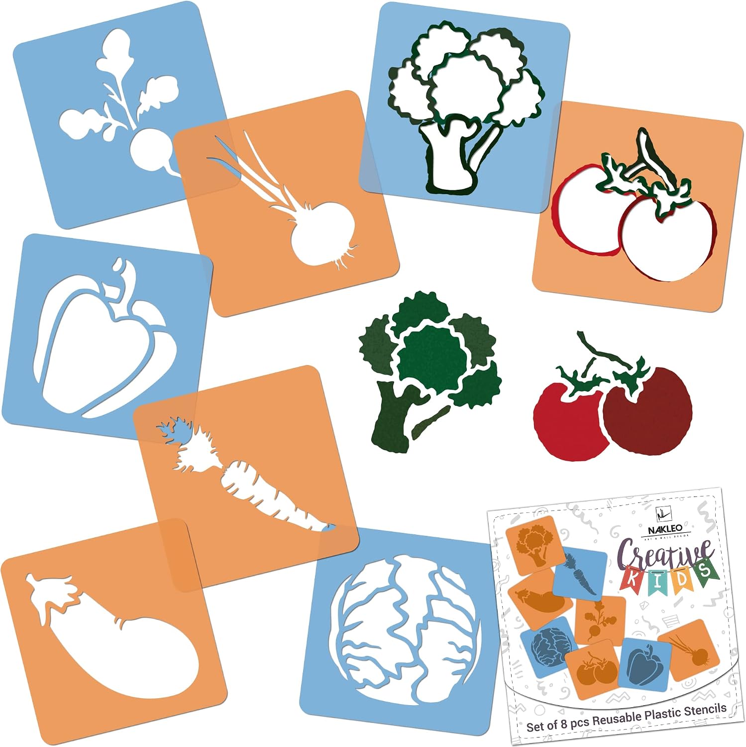 NAKLEO Painting Stencils for Kids 8 Pcs Set 15x15cm Vegetables, Children Creative Drawing Templates Plastic and Reusable