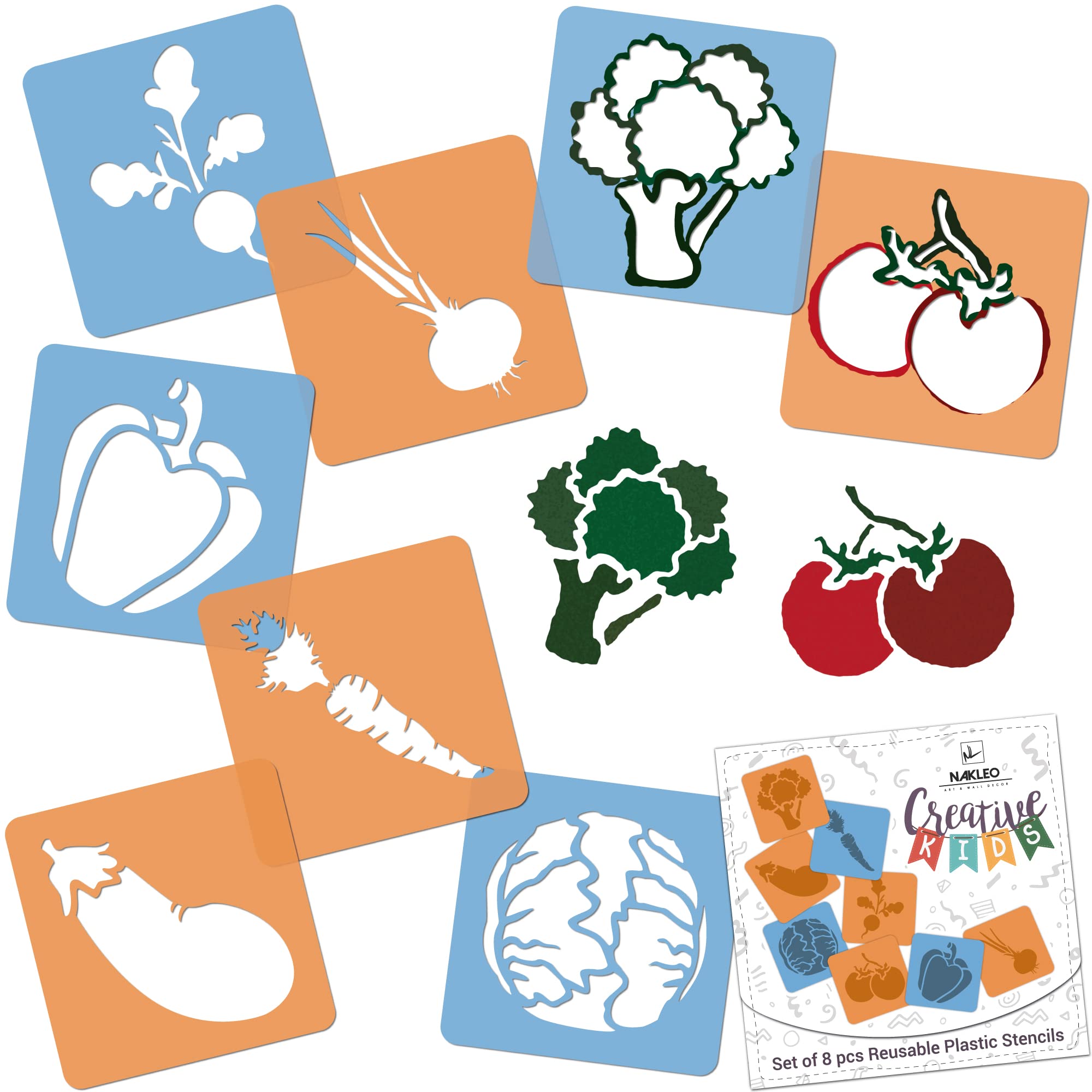 Nakleo Painting Stencils for Kids, 8 Pcs Set 6x6” Vegetables, Children Creative Drawing Templates Plastic and Reusable, DIY Decoration Arts and Crafts, Paper Wall Wood Fabric