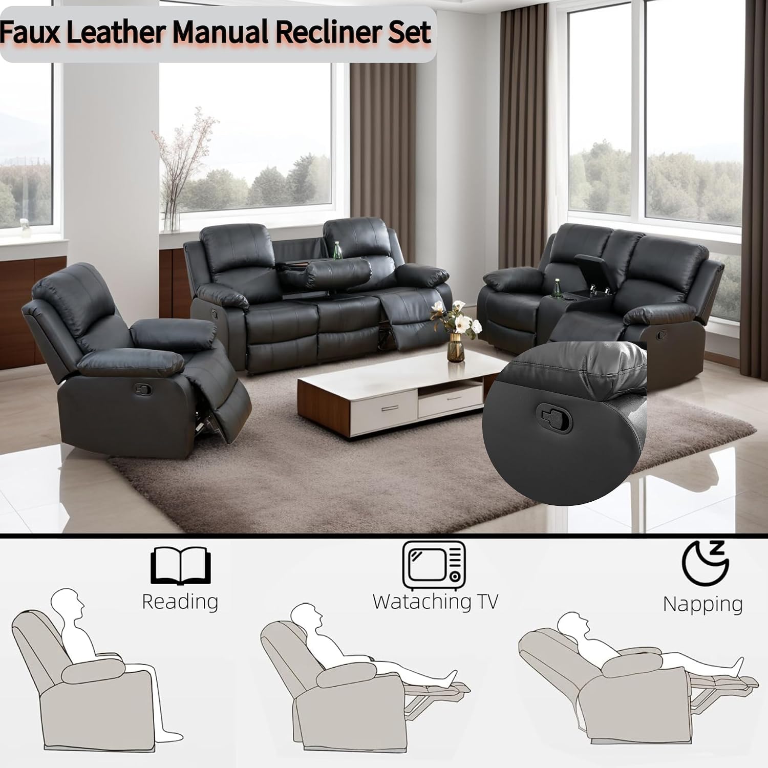 Modern Recliner Sofa Couch Set, Recliner Sofa with Drop Down Table/Recliner Loveseat with Storage Console for Living Room/Rv/House/Office/Theater Seating (Black, 3PCS Set)