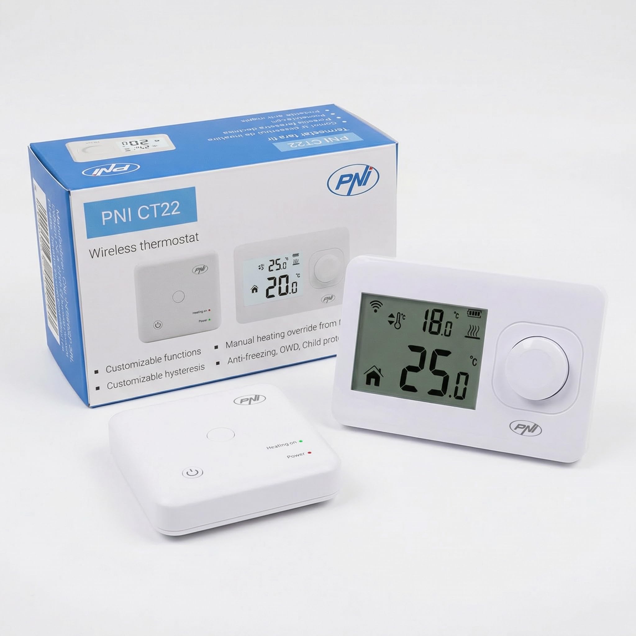 PNI Termostato wireless CT22 per impianti di riscaldamento, 0,2 °C, isteresi, display retroilluminato.