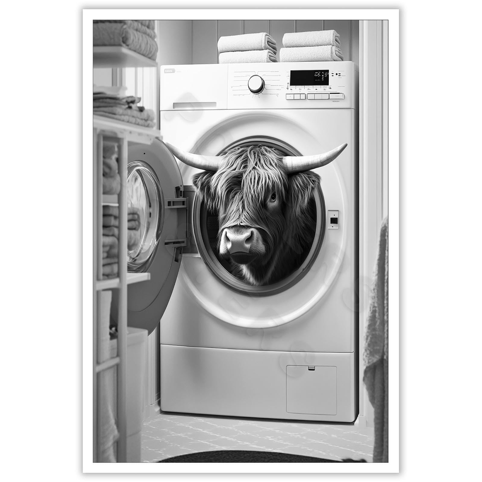 ZETCGSH Vintage Adorable Cow Laundry Room Art Black And White Print Poster Whimsical Animal Decor Funny Washing Print Home Room Decor Aesthetics 12X18