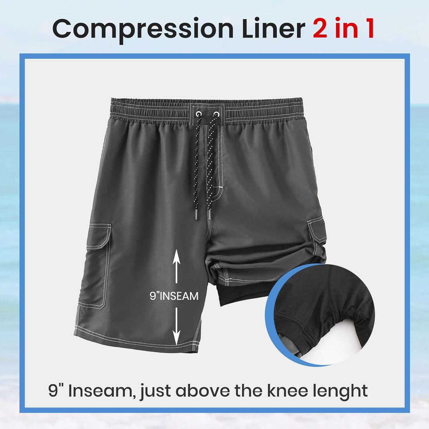 HODOSPORTS Mens Swim Trunks with Compression Liner 9 inch Bathing Suit Quick-Dry Swim Shorts Cargo Pockets S-4XL - Image 4