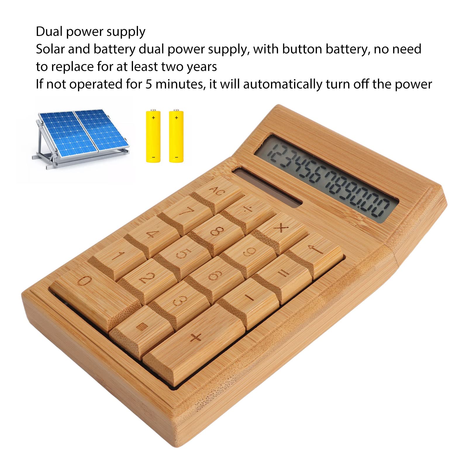 Calcolatrice da scrivania in bambù, display LCD a 12 cifre, tasti grandi, alimentazione solare e a batteria, per ufficio, casa, 170 x 82 x 19 mm, 1 pezzo