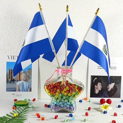 Miniatura 5 de QQSD Mini banderas de mano con palo salvadoreño de El Salvador - Poste de madera maciza con parte superior de lanza, paquete de 12