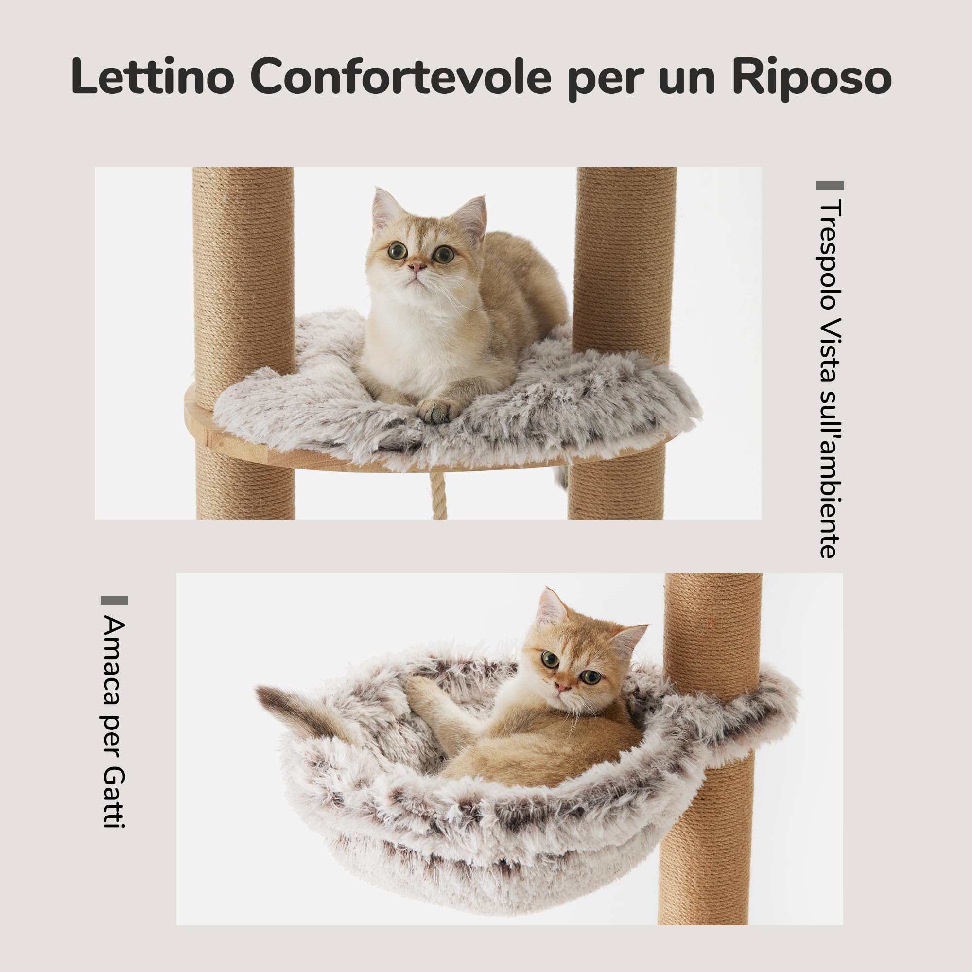 FUKUMARU Castello Tiragraffi per Gatto da parete(188CM) Albero Tiragraffi per Gatti Multilivelli Fatto in Legno di Massello e Iuta.Castello con Cuccia, Amaca,Trespolo,Piattaforme e Spazzola per Gatti.