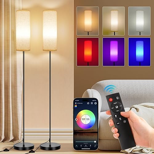 Miniatura 1 de FRIDEKO HOME Paquete de 2 lámparas de pie para sala de estar, colores regulables, temperatura y brillo, lámpara de pie moderna con control remoto,