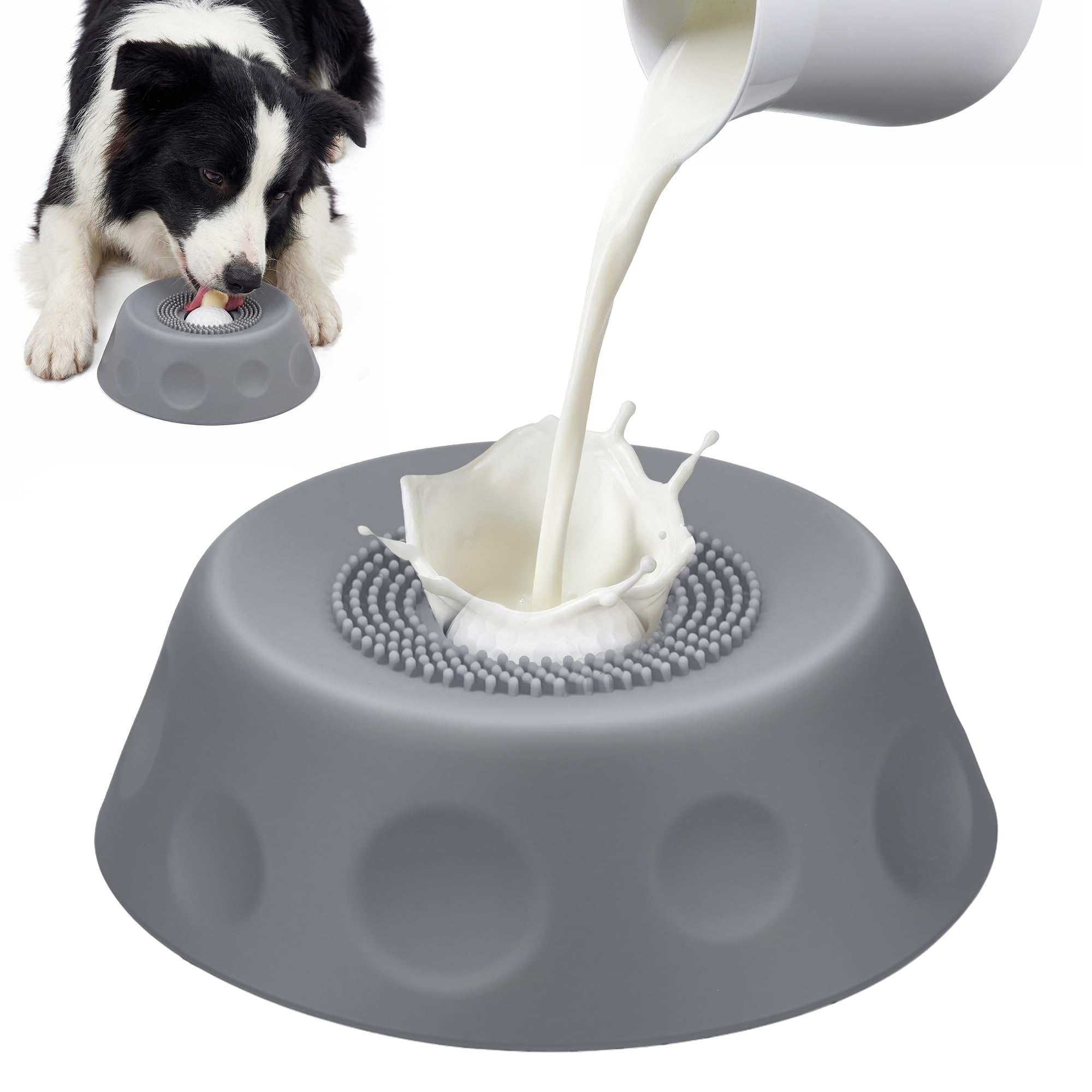 Homgaty Antischlingnapf Hunde für Flüssige Leckerbissen, Silikon Leckspielzeug Hund, Lick Bowl Für Hunde mit Integrierter Drehkugel, Hundespielzeug Leckball Für Langsames Fressen (Grau)
