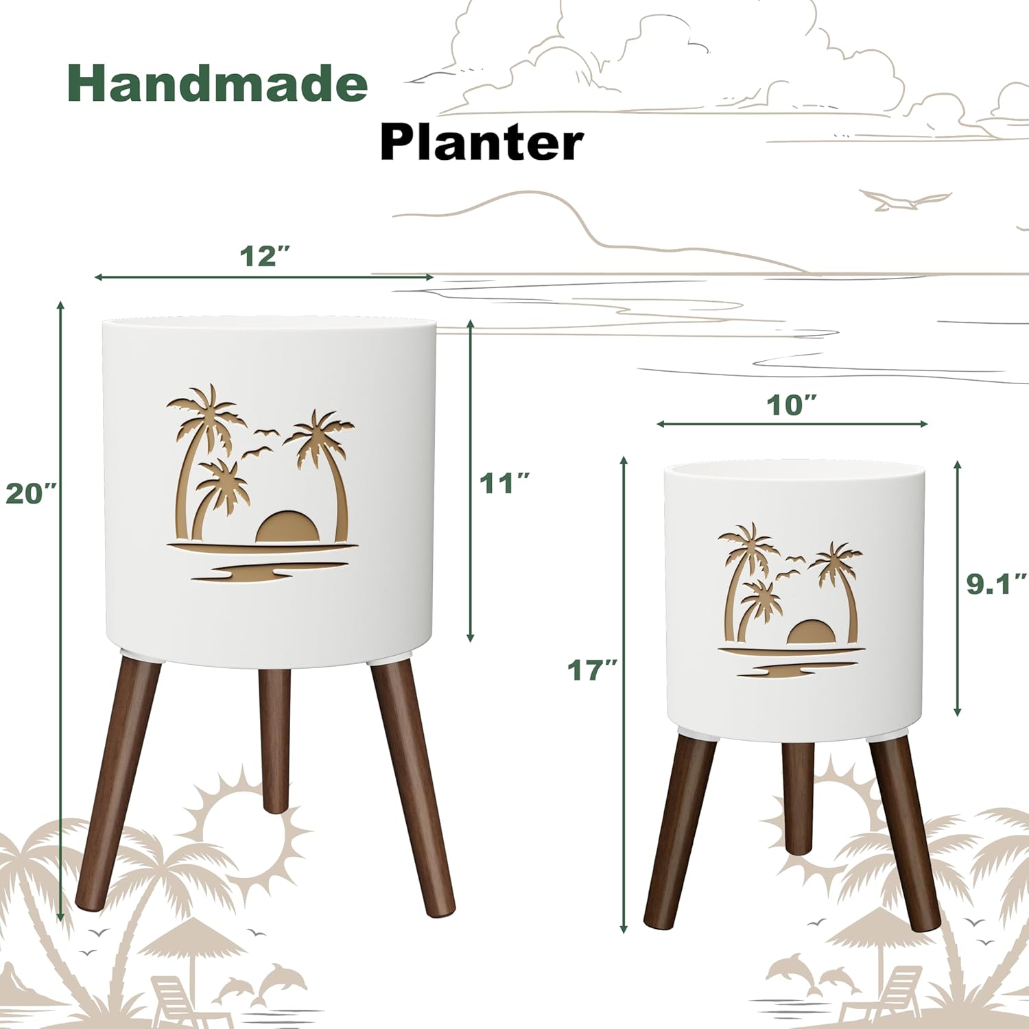 2 Set Plant Pot with Stand 10 & 12 inches – Large Indoor Pots for Plants with Solid Oak Wood Stand & Drainage, Palm，White ＆ Gold