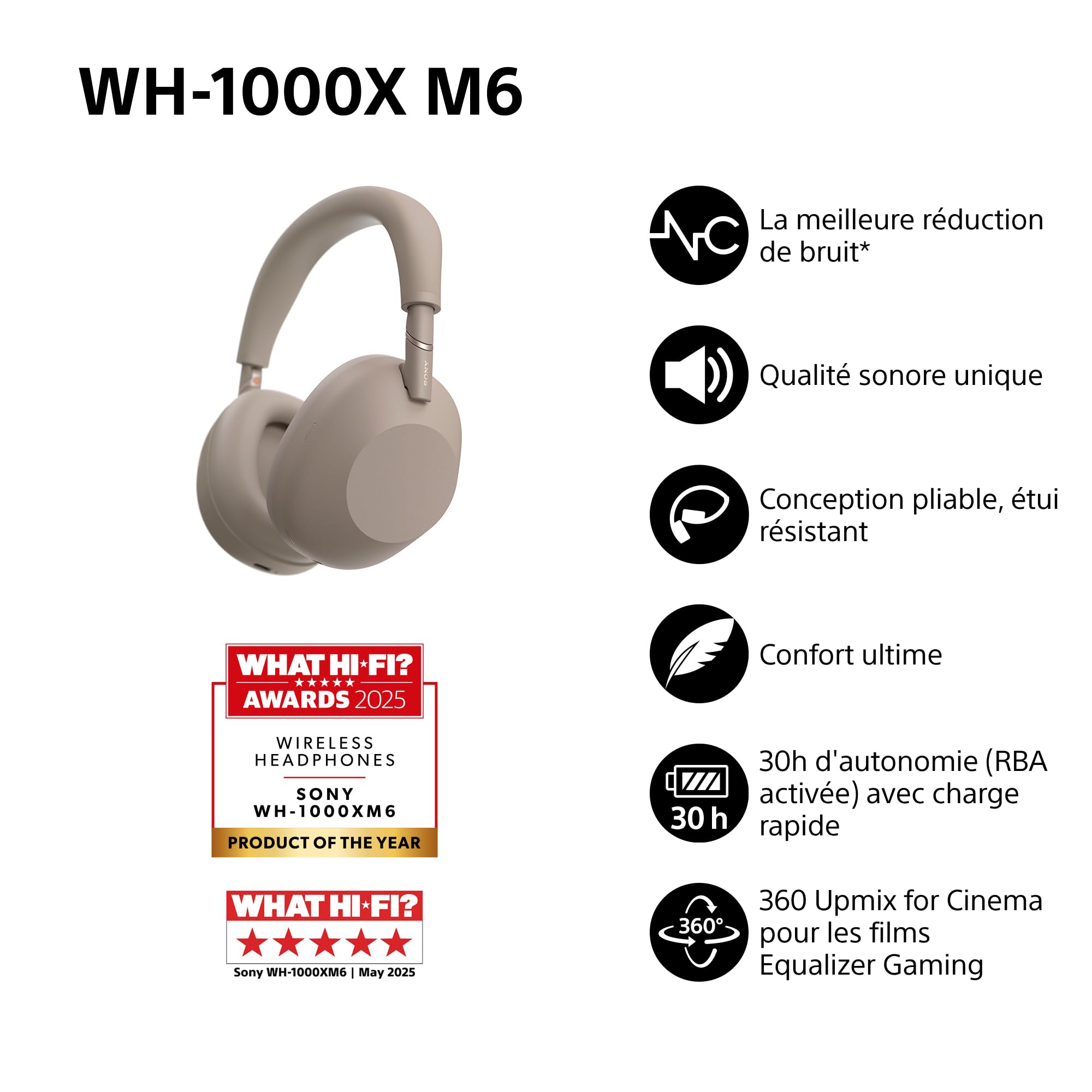 Sony WH-1000XM6 Casque sans-Fil Bluetooth à réduction de Bruit Noir, Son Hi-Res Unique, Confortable, Conception Pliable, Etui résistant, 30h Autonomie, iOS & Android - Grès