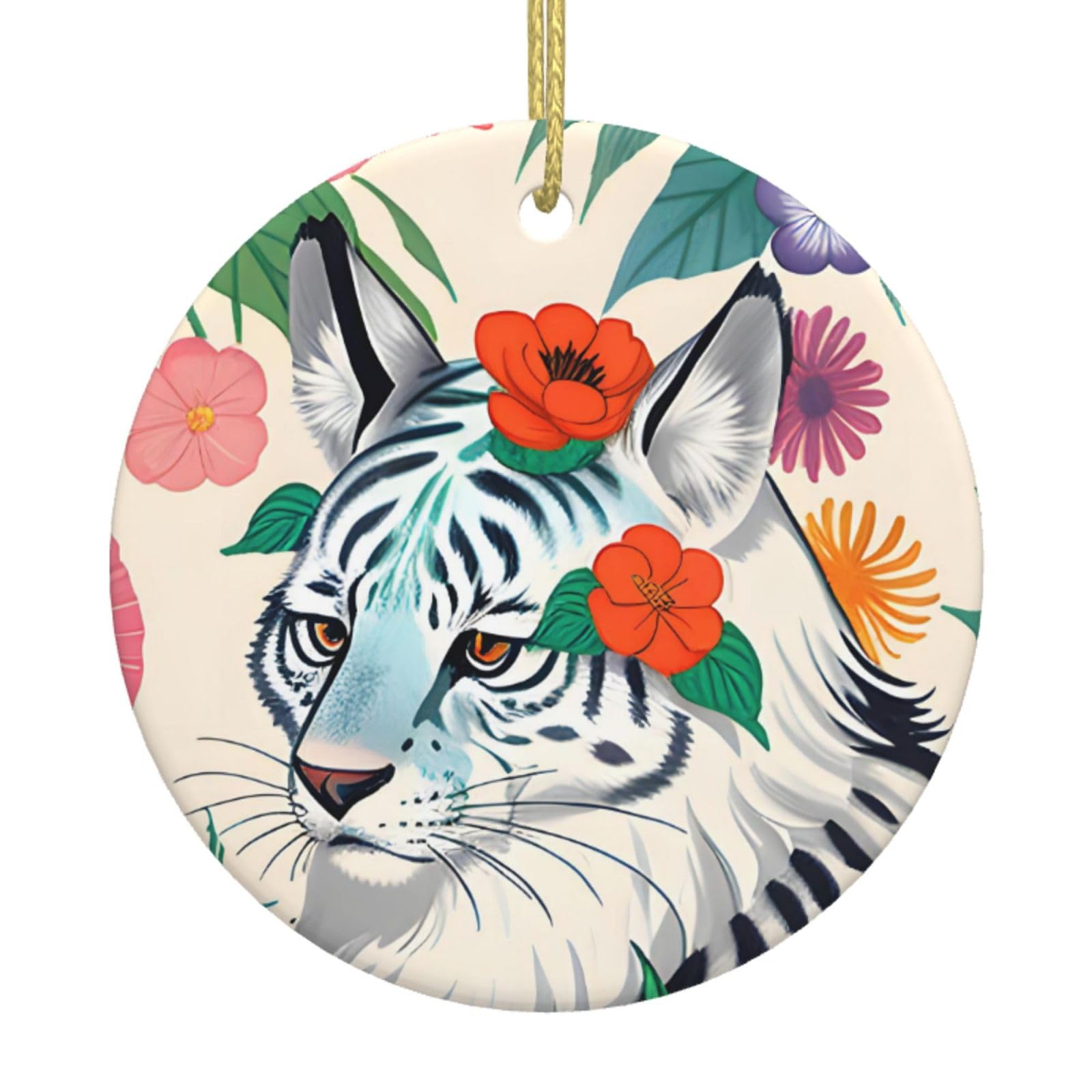 Cute White Tiger Printed Christmas Tree Ceramic Ornaments Holiday Decoration Christmas Unique Pendant for Christmas Party