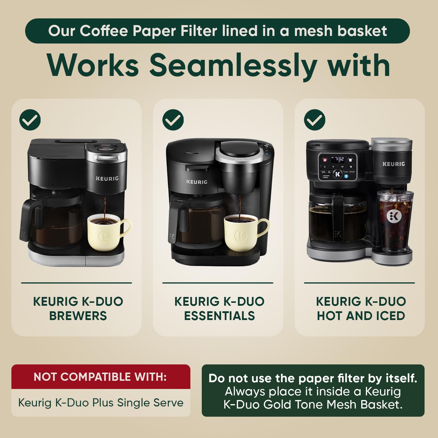 PureHQ Filtros de papel desechables para K-Duo de malla de café canasta, se adapta a filtro de malla de tono dorado para Keurig K-Duo Essential y K Duo Brewer, sin sedimentos de café (100 unidades)