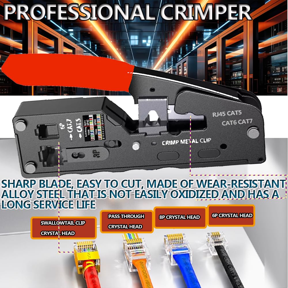 MAYLINEE RJ45/RJ12/RJ11, set di strumenti di crimpatura, pinza crimpatrice CAT5 CAT6, tester per cavi LAN, set di strumenti di crimpatura, passaggio finale con 50 connettori (giallo)