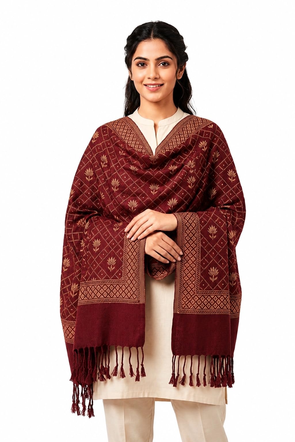 Women's Maroon Woven Floral Shawl with Tassel Border-picture-44
