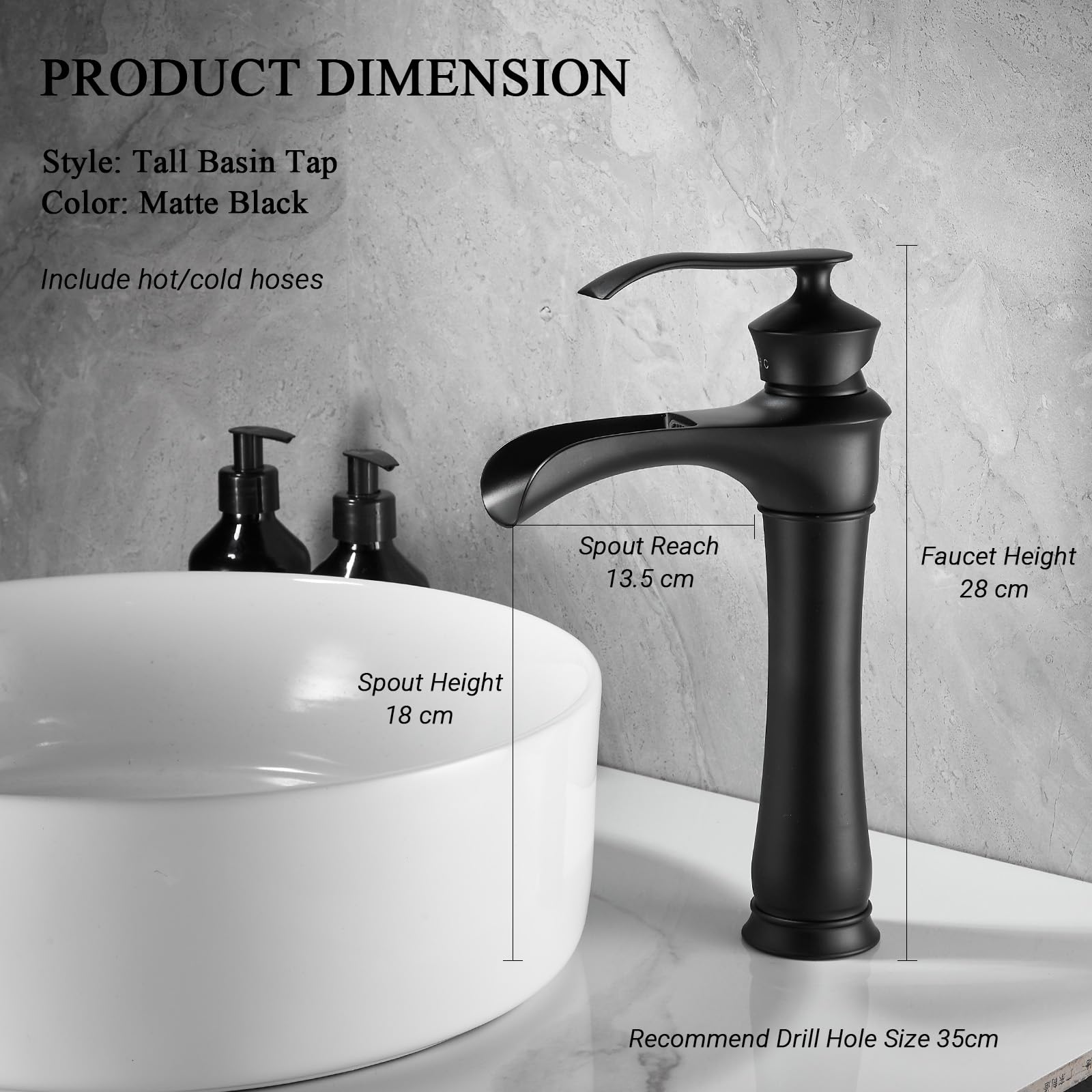 Robinet mitigeur de lavabo à hauteur haute, bec cascade pour salle de bain, robinet de lavabo en laiton, robinet mitigeur moderne à levier unique chaud et froid pour vasques de comptoir, noir