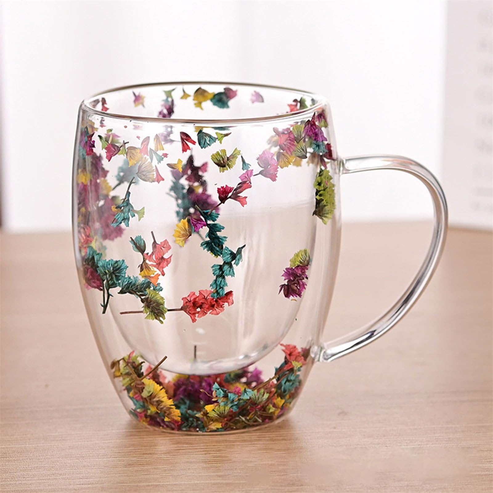 350 ml dubbelwandige glazen mok, geïsoleerde koffiemok van gedroogde bloemen met handvat, hittebestendige geïsoleerde gedroogde bloemenkopjes, glazen koffiekopjes met anti-verbranding handvat