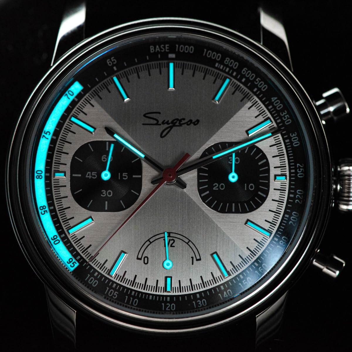 SUGESS Seagull ST1906 Panda 41 mm Ice-White Power Indicator Chronograph schwarzes Leder 1963 BNIB, weiß, Klassisch