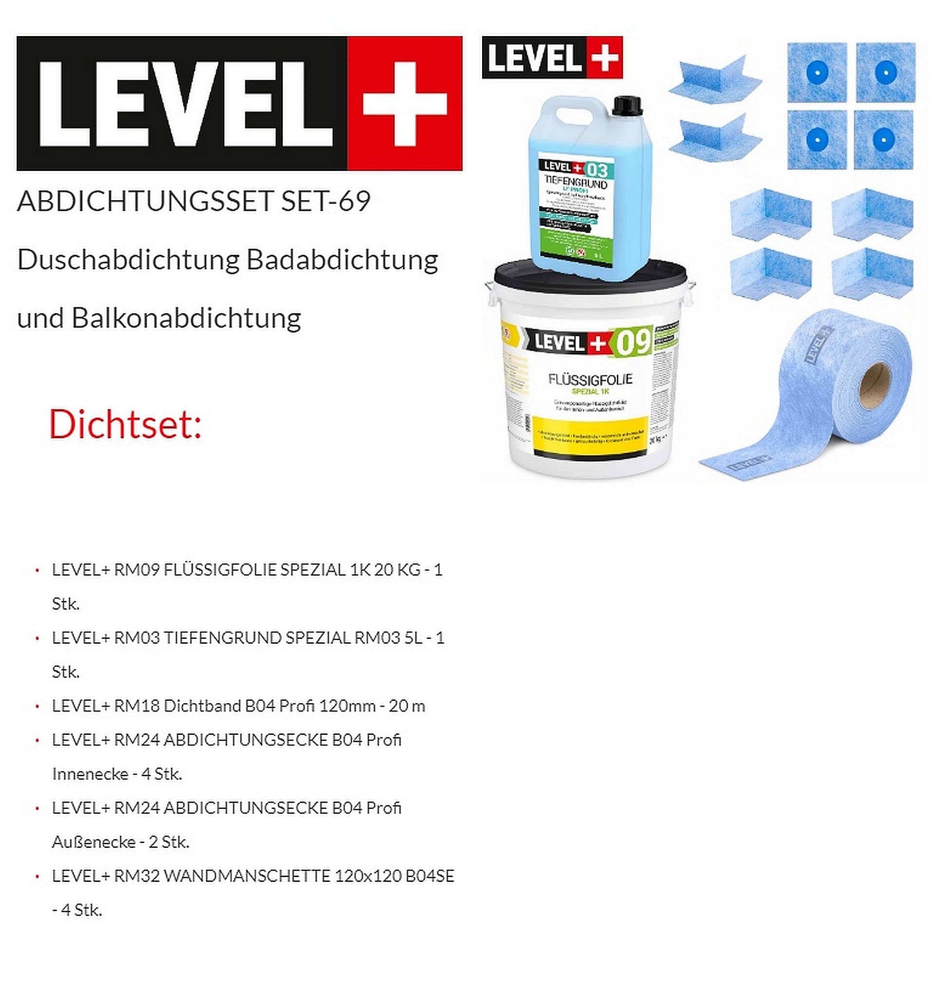 Dicht-Set 20 Kg Flüssigfolie, 4 Innenecken, 4 Wandmanschetten, 20m Dichtband, Tiefengrund 5 L Balkonabdichtung Terrasse Keller Bad SET69