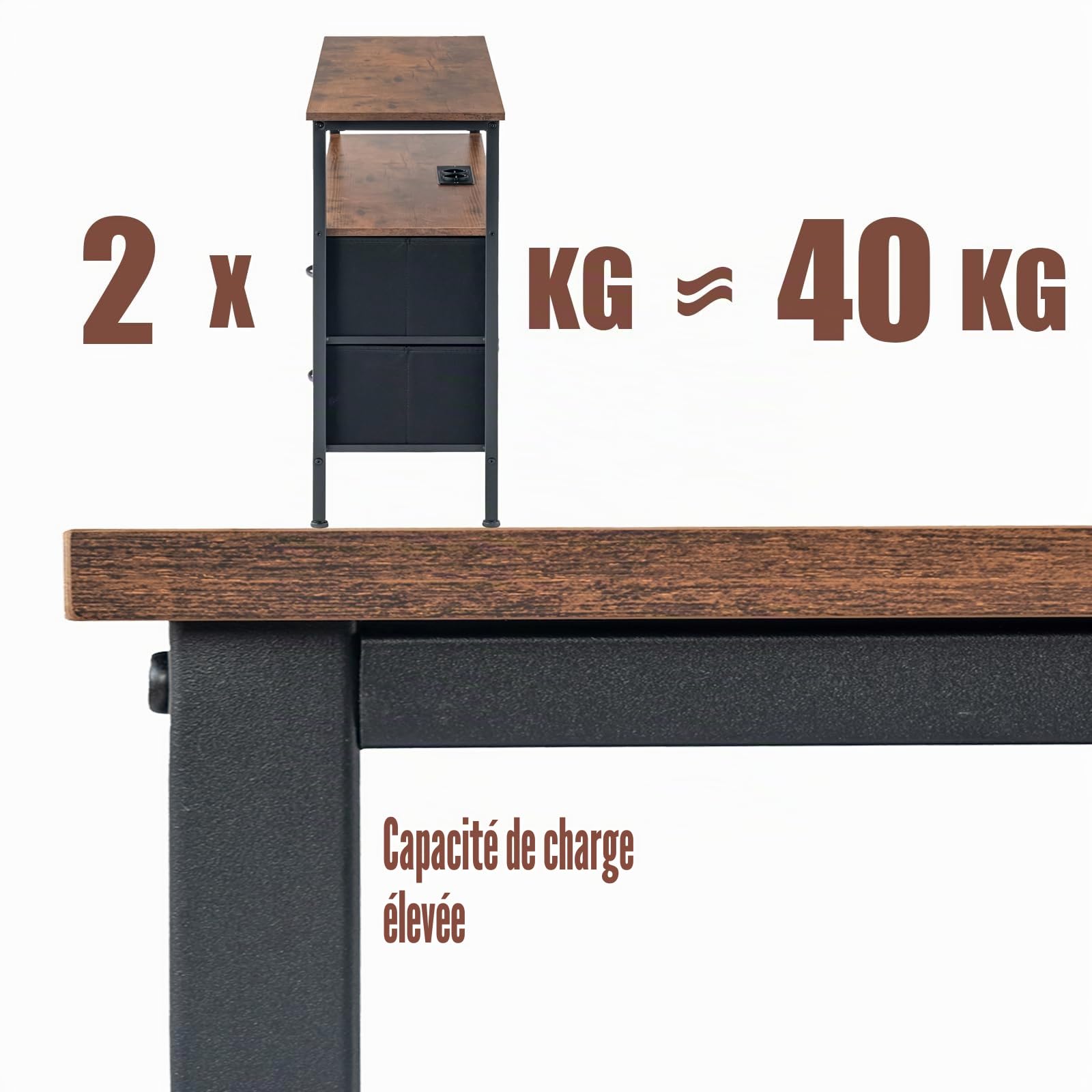 Meuble TV LED Meuble Télé Industriel Noir et Bois 110×30×78cm | PRISES ET RANGEMENT Deux prises et deux ports USB avec câble d’alimentation plus 4 tiroirs en tissu pour un usage quotidien