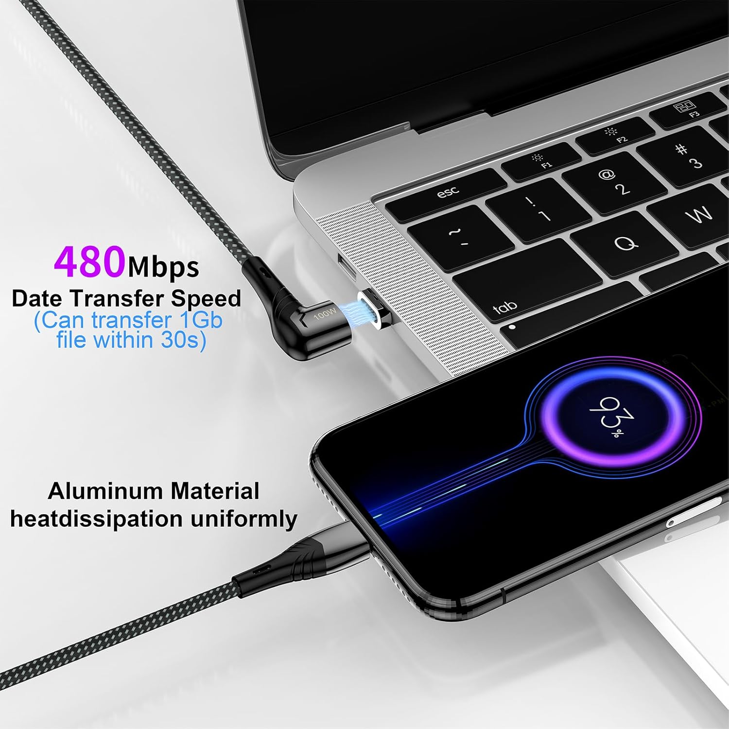 ZBF 100W USB C Magnetic Charging Cable, Right Angle Magnetic Phone Charger Cable(3 Pack, 5/5/5FT) 5A Fast Charging for Mac-Book Pro/Air, Pad Pro,Phone 17 16,14,13 Pro Max,Mac-Book Pro Pad Galaxy S22