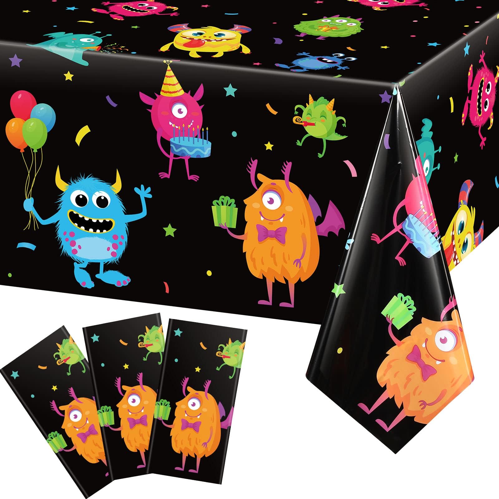 Buryeah 3 Pieces Monster Table Covers Plastic Little Monster Birthday Table Cloths for Kids Boys Birthday Party Decoration Supplies, 54 x 108 Inch